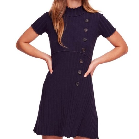 Free People Lottie Navy Ribbed Knit Sweater Dress Button Down NEW Sz M Career